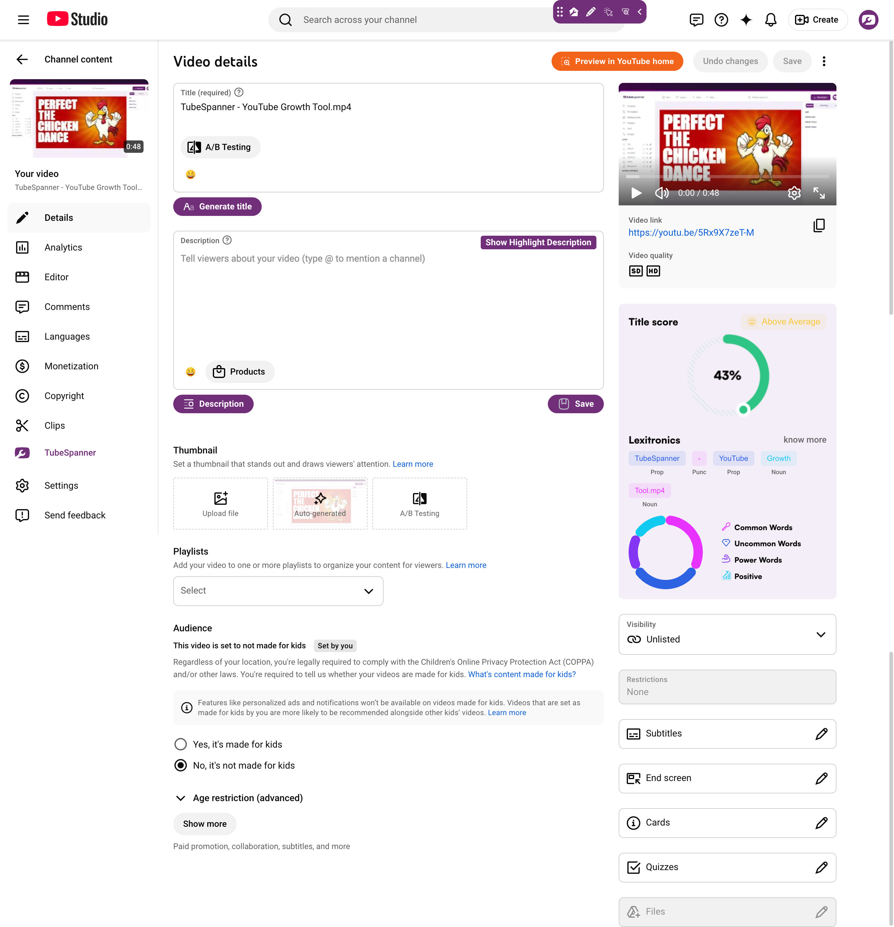 YouTube Studio upload page with TubeSpanner Generate title button. Title field shows the auto-filled filename and Title Score reads 43%.